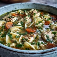 - Steaming bowl of homemade Chicken Noodle Soup with carrots, celery, and tender egg noodles in a clear broth.