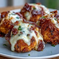Golden-brown Buffalo Chicken Bacon Mozzarella Bombs, crispy panko coating with bubbly cheese pulling from a freshly fried bite.