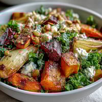 Golden roasted root vegetables like carrots, parsnips, and sweet potatoes fill a ceramic bowl over kale for the Winter Root Vegetable Bowl. 