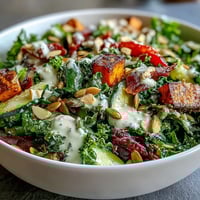 Vibrant Kale Salad Bowl with roasted sweet potatoes and red bell peppers next to creamy tahini dressing in a white bowl.