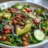 Fresh Mixed Greens Power Bowl topped with colorful cherry tomatoes, cucumber, and sliced avocado on a wooden table. 