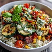 A vibrant Summer Vegetable Bowl with sautéed zucchini, bell peppers, and corn over fluffy rice, garnished with fresh basil.