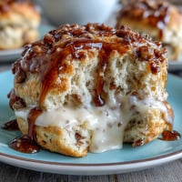 Spring brunch dandelion honey scones with clotted cream on a floral plate, golden and tender with visible honey drizzle.
