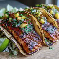Grilled salmon tacos with mango salsa served on warm tortillas with shredded cabbage and lime wedges.