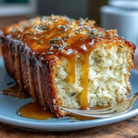 Golden Lemon Lavender Loaf Cake with a sweet honey glaze, ready for slicing.