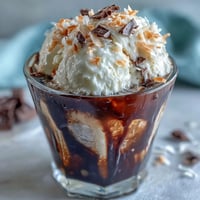 Creamy coconut cold brew float with vanilla ice cream, a tropical delight.
