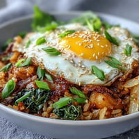 Spicy fermented cabbage kimchi fried rice bowl, topped with a sunny-side-up egg.